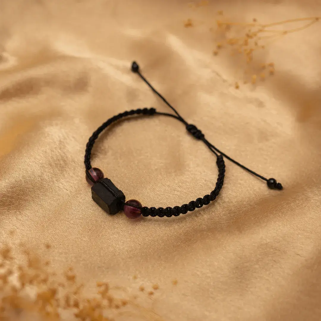 Bransoletka czarny turmalin ametyst fioletowy naturalny z regulacją