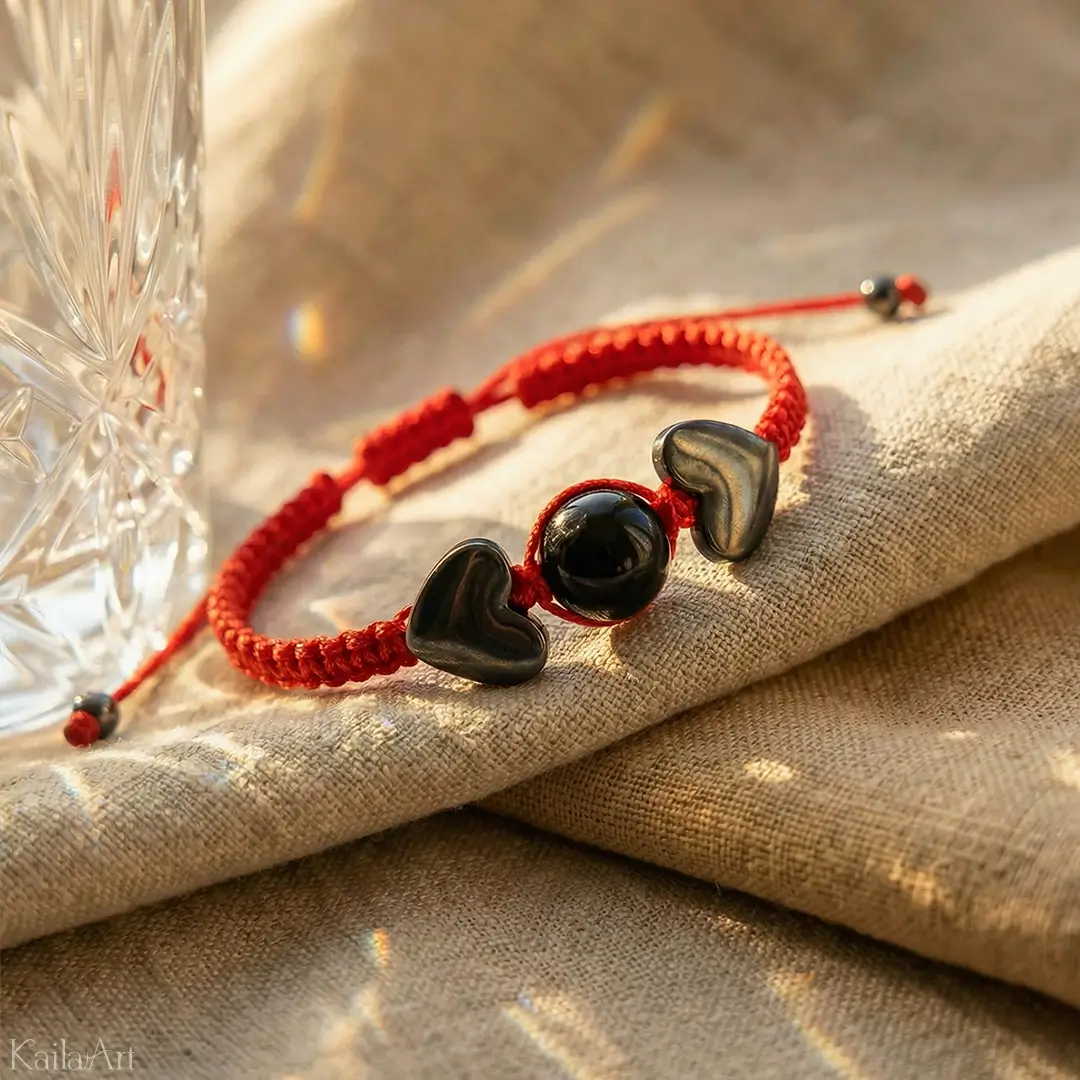 BRANSOLETKA-CZARNY-TURMALIN-HEMATYT-SERCE-CZERWONA-SZNURKOWA-SZCZĘŚCIA