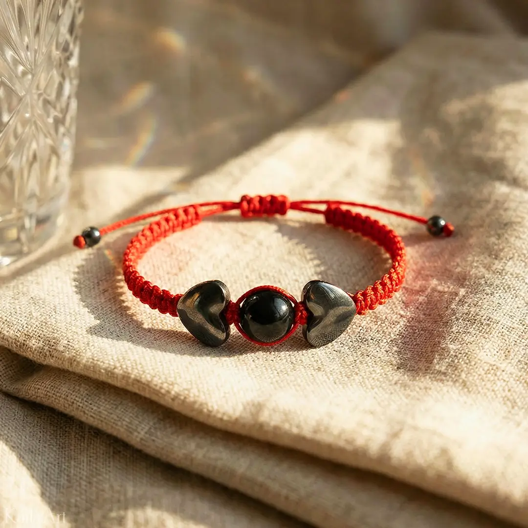 BRANSOLETKA-CZARNY-TURMALIN-HEMATYT-SERCE-CZERWONA-SZNURKOWA-SZCZĘŚCIA