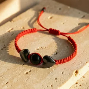 BRANSOLETKA-CZARNY-TURMALIN-HEMATYT-SERCE-CZERWONA-SZNURKOWA-SZCZĘŚCIA
