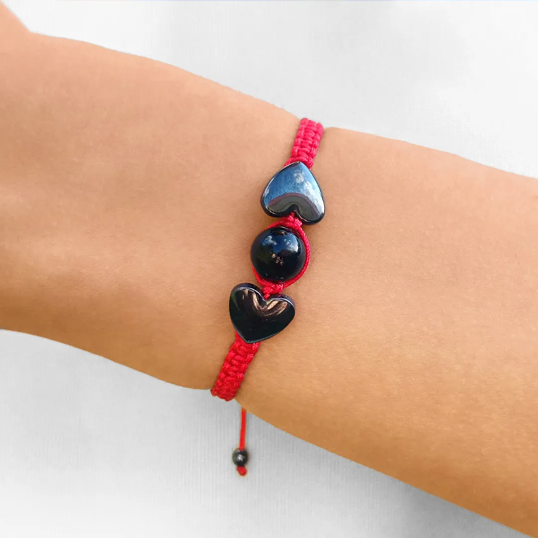 BRANSOLETKA-CZARNY-TURMALIN-HEMATYT-SERCE-CZERWONA-SZNURKOWA-SZCZĘŚCIA