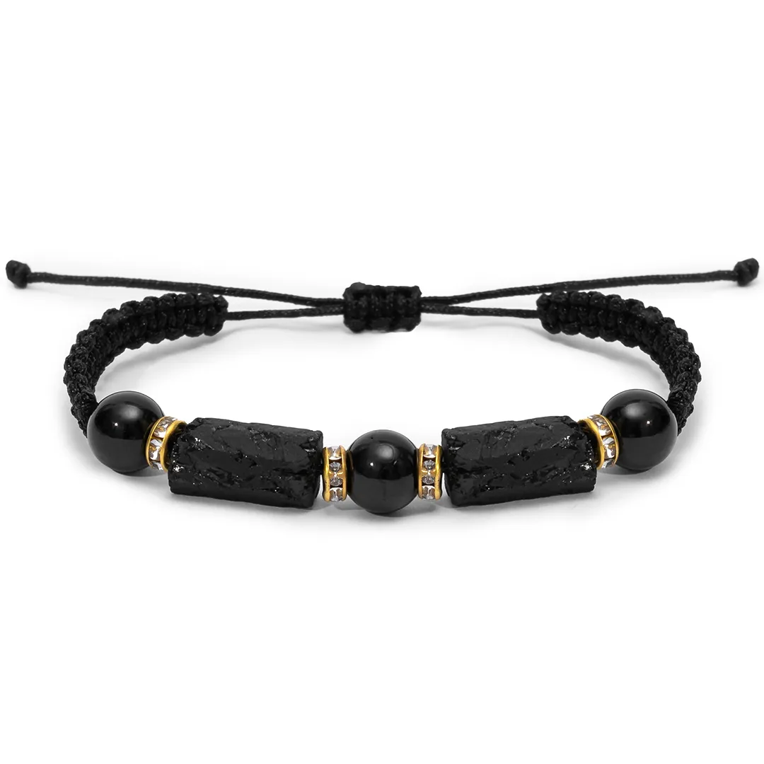 Bransoletka szczęścia czarny turmalin naturalny na sznurku cyrkonie