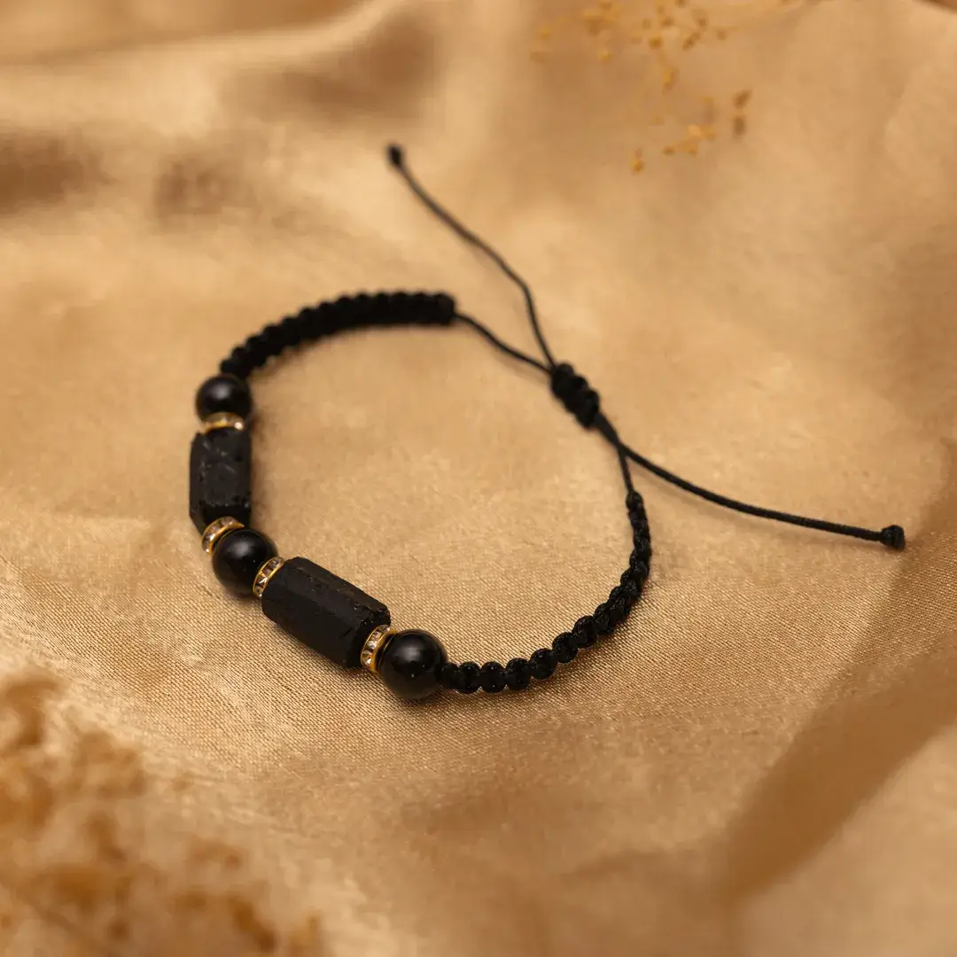 Bransoletka szczęścia czarny turmalin naturalny na sznurku cyrkonie