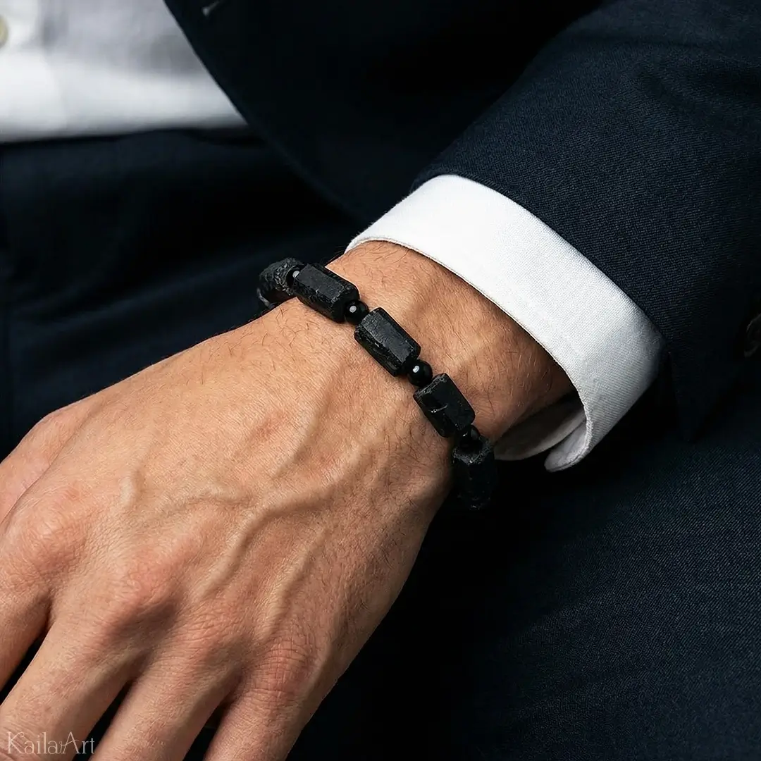BRANSOLETKA-CZARNY-TURMALIN-NATURALNY-MĘSKA-DAMSKA-GUMKA-KAMIEŃ-SZCZĘŚCIA