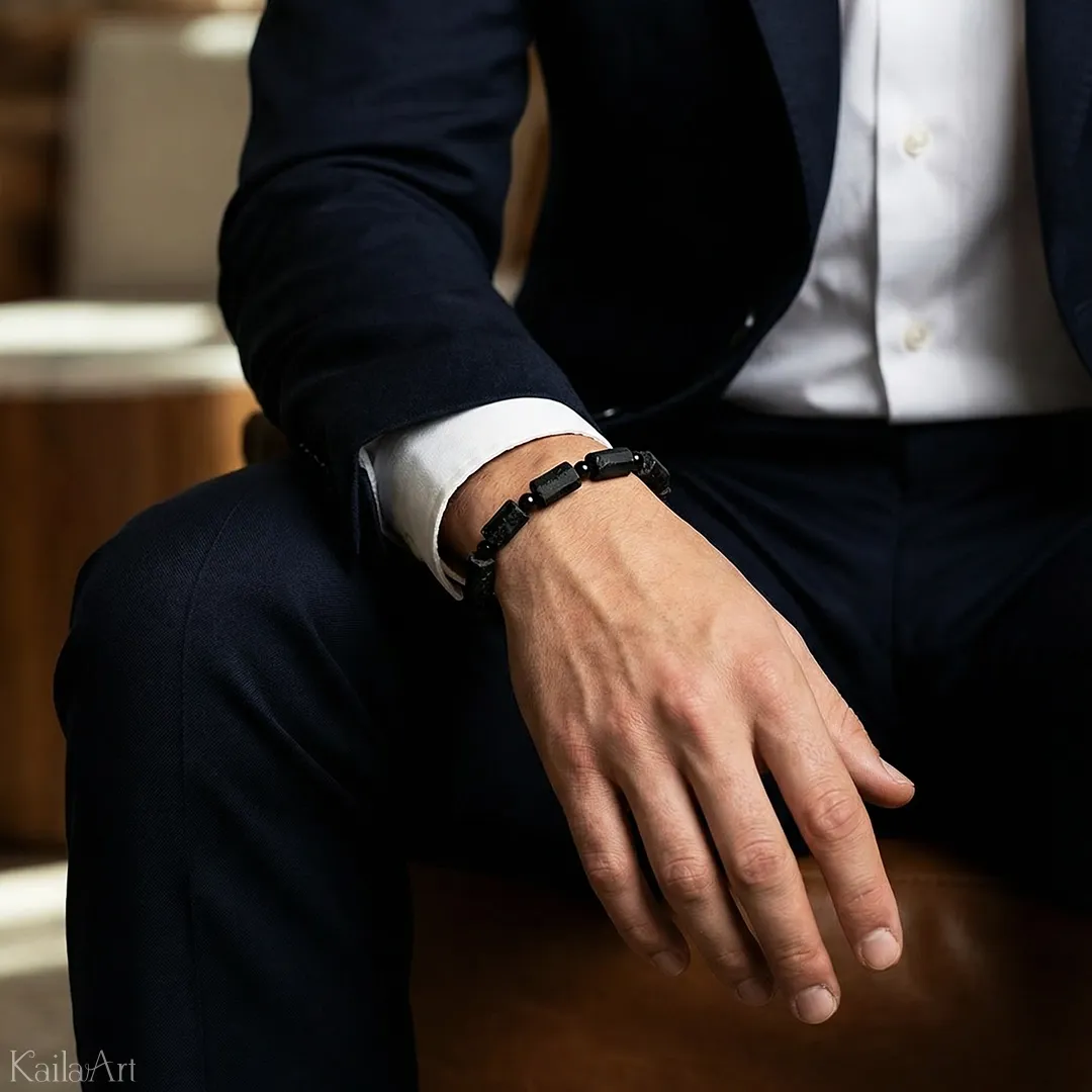 BRANSOLETKA-CZARNY-TURMALIN-NATURALNY-MĘSKA-DAMSKA-GUMKA-KAMIEŃ-SZCZĘŚCIA