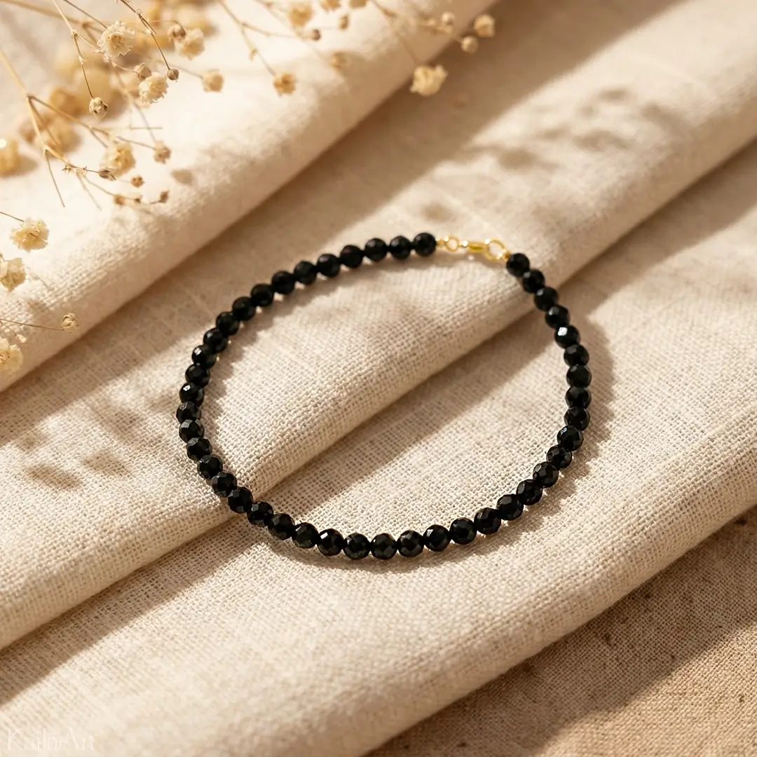 BRANSOLETKA-CZARNY-TURMALIN-NATURALNY-DAMSKA-ZE-STALI-CHIRURGICZNEJ-ZŁOTA