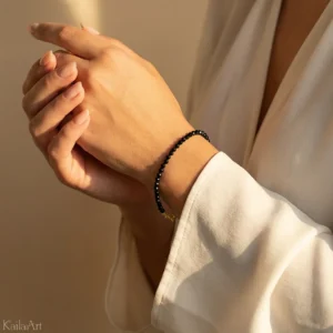 Bransoletka kamień damska czarny turmalin złota stal nierdzewna 3 mm