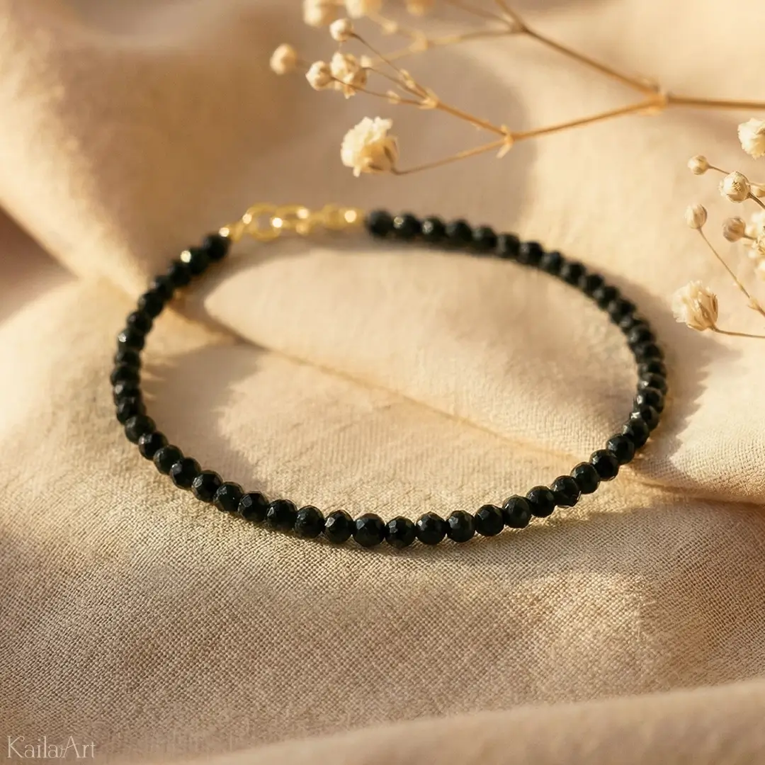 BRANSOLETKA-CZARNY-TURMALIN-NATURALNY-DAMSKA-ZE-STALI-CHIRURGICZNEJ-ZŁOTA