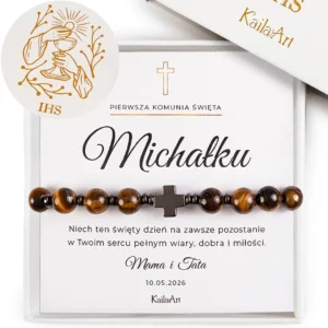 BRANSOLETKA-NA-KOMUNIĘ-DLA CHŁOPCA-Z-KRZYŻEM-RÓŻANIEĆ-ŚW-BENEDYKT-TYGRYSIE-OKO-1