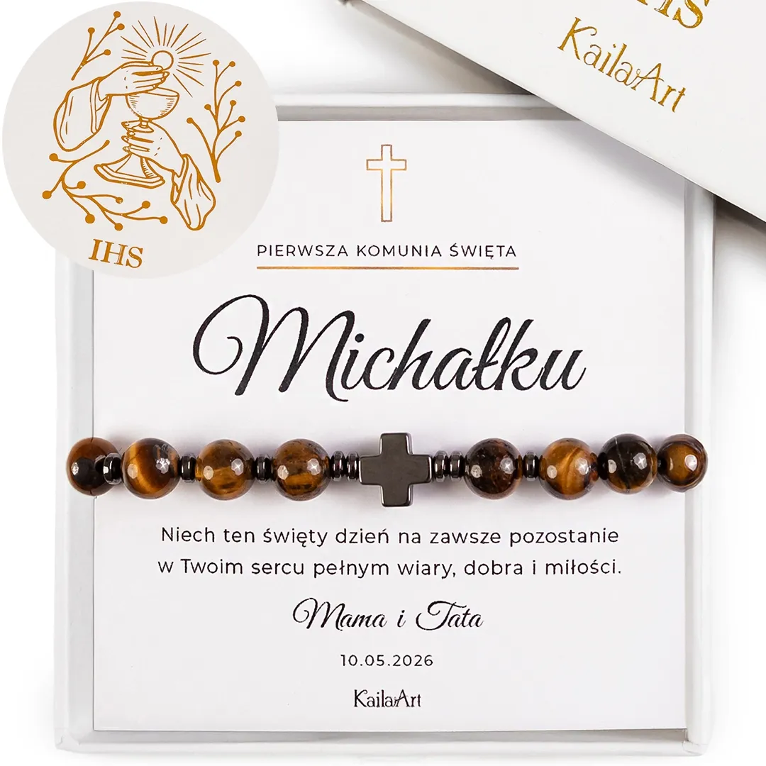 BRANSOLETKA-NA-KOMUNIĘ-DLA CHŁOPCA-Z-KRZYŻEM-RÓŻANIEĆ-ŚW-BENEDYKT-TYGRYSIE-OKO-1