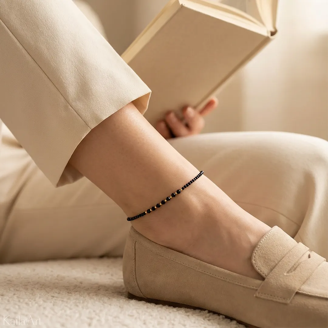 bransoletka-na-nogę-złota-czarny-turmalin-stal-chirurgiczna