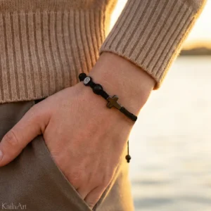 BRANSOLETKA RÓŻANIEC NA RĘKĘ MĘSKI DAMSKI KRZYŻ ONYKS KAMIEŃ Z KRZYŻYKIEM