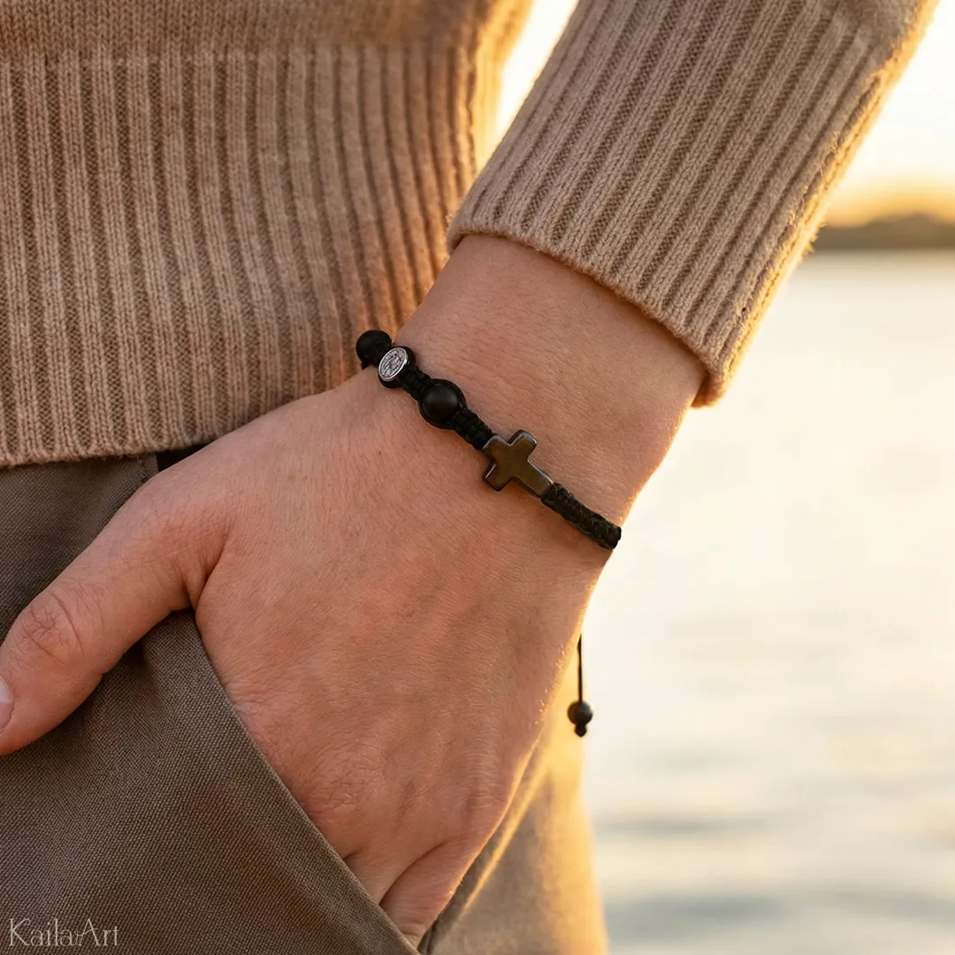 BRANSOLETKA RÓŻANIEC NA RĘKĘ MĘSKI DAMSKI KRZYŻ ONYKS KAMIEŃ Z KRZYŻYKIEM