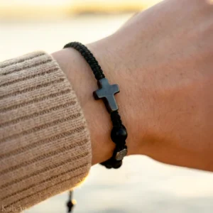 BRANSOLETKA RÓŻANIEC NA RĘKĘ MĘSKI DAMSKI KRZYŻ ONYKS KAMIEŃ Z KRZYŻYKIEM