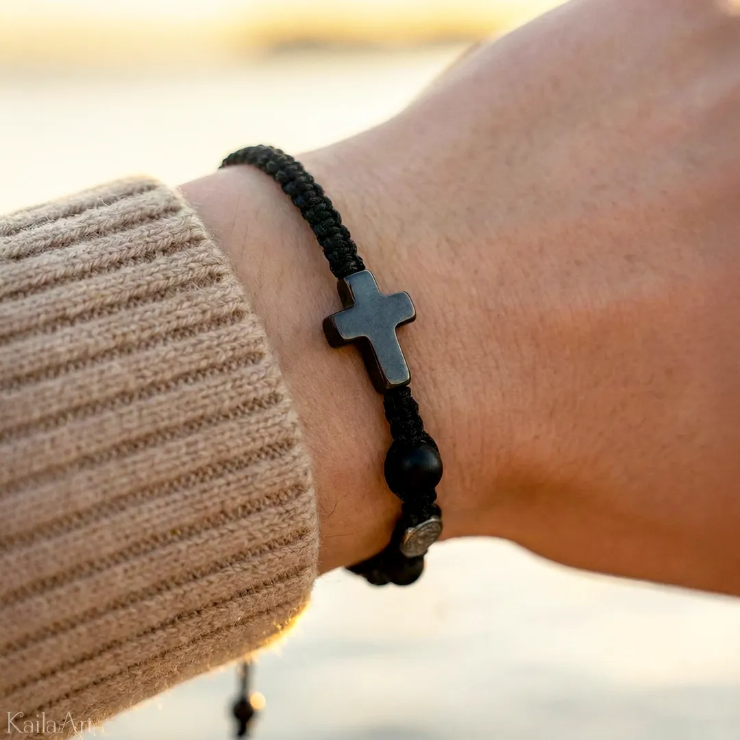 BRANSOLETKA RÓŻANIEC NA RĘKĘ MĘSKI DAMSKI KRZYŻ ONYKS KAMIEŃ Z KRZYŻYKIEM