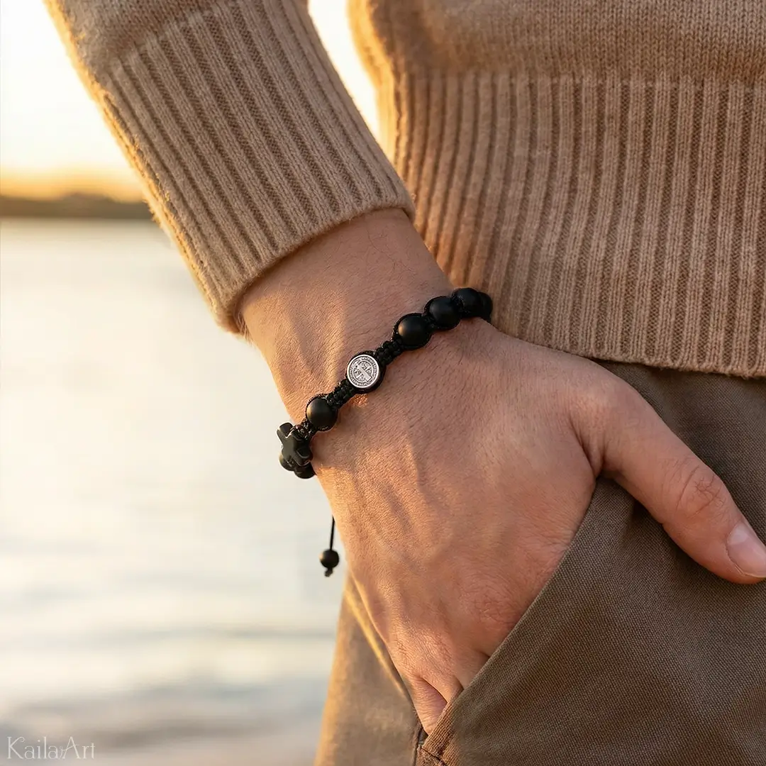 BRANSOLETKA RÓŻANIEC NA RĘKĘ MĘSKI DAMSKI KRZYŻ ONYKS KAMIEŃ Z KRZYŻYKIEM