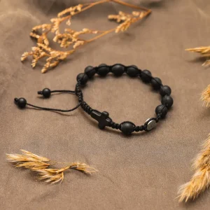 BRANSOLETKA RÓŻANIEC NA RĘKĘ MĘSKI DAMSKI KRZYŻ ONYKS KAMIEŃ Z KRZYŻYKIEM