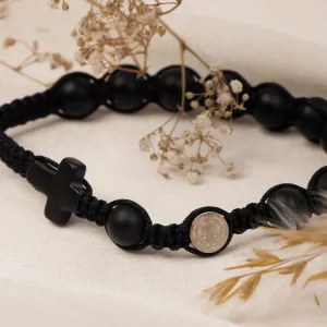 BRANSOLETKA RÓŻANIEC NA RĘKĘ MĘSKI DAMSKI KRZYŻ ONYKS KAMIEŃ Z KRZYŻYKIEM