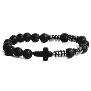 BRANSOLETKA-RÓŻANIEC-NA-RĘKĘ-MĘSKI-DZIESIĄTKA-HEMATYT-LAWA-KAMIENIE-KRZYŻYK