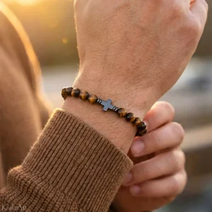 BRANSOLETKA-RÓŻANIEC-NA-RĘKĘ-TYGRYSIE-OKO-Z-KAMIENI-KRZYŻYK-ŚW.-BENEDYKT