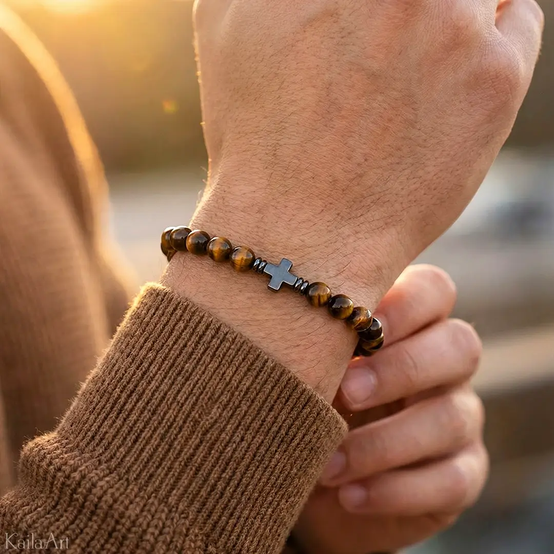 BRANSOLETKA-RÓŻANIEC-NA-RĘKĘ-TYGRYSIE-OKO-Z-KAMIENI-KRZYŻYK-ŚW.-BENEDYKT