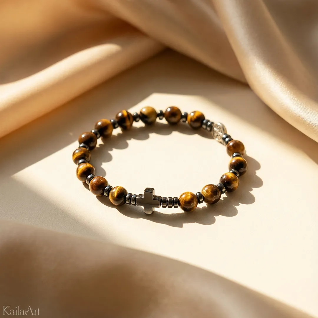 BRANSOLETKA-RÓŻANIEC-NA-RĘKĘ-TYGRYSIE-OKO-Z-KAMIENI-KRZYŻYK-ŚW.-BENEDYKT