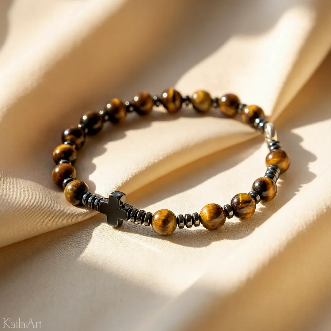 BRANSOLETKA-RÓŻANIEC-NA-RĘKĘ-TYGRYSIE-OKO-Z-KAMIENI-KRZYŻYK-ŚW.-BENEDYKT