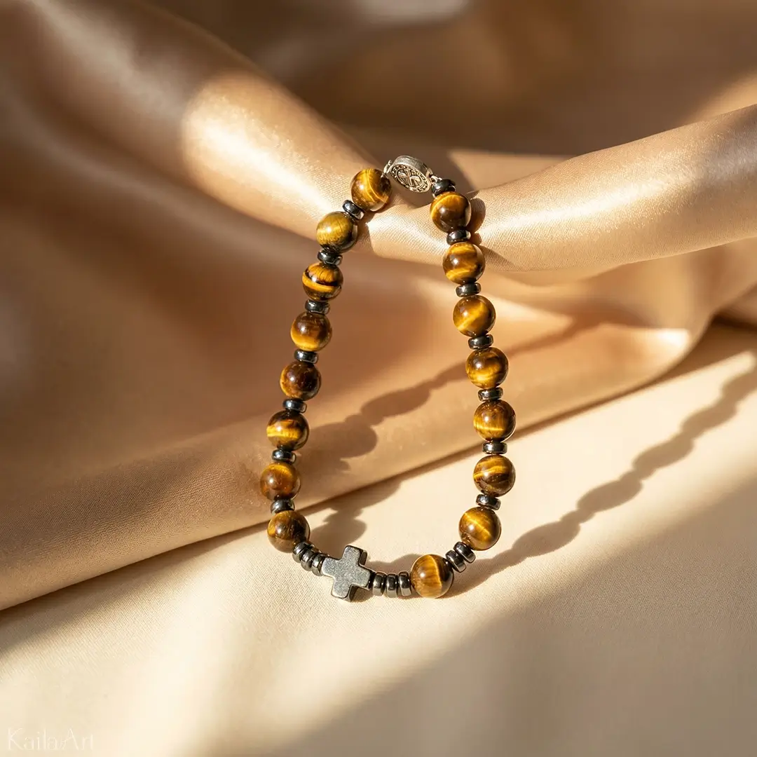 BRANSOLETKA-RÓŻANIEC-NA-RĘKĘ-TYGRYSIE-OKO-Z-KAMIENI-KRZYŻYK-ŚW.-BENEDYKT