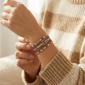 Etniczna bransoletka skórzana damska pleciona rzemyk boho brązowa zestaw