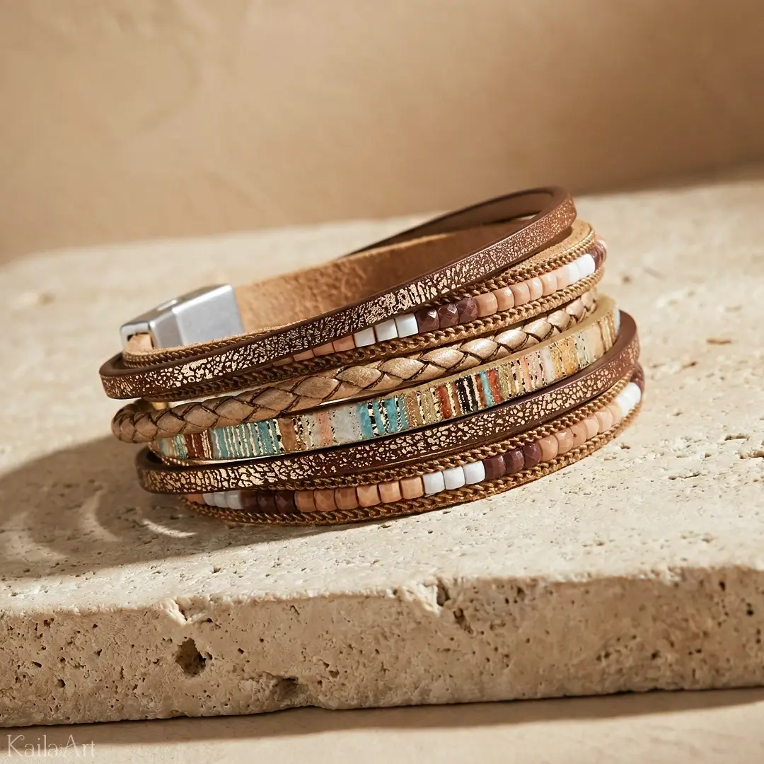 BRANSOLETKA-SKÓRZANA-DAMSKA-PLECIONA-RZEMYK-ZE-SKÓRY-BOHO-BRĄZOWA-ETNICZNA