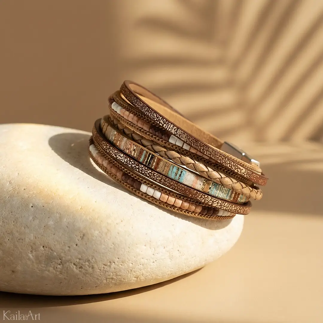 BRANSOLETKA-SKÓRZANA-DAMSKA-PLECIONA-RZEMYK-ZE-SKÓRY-BOHO-BRĄZOWA-ETNICZNA