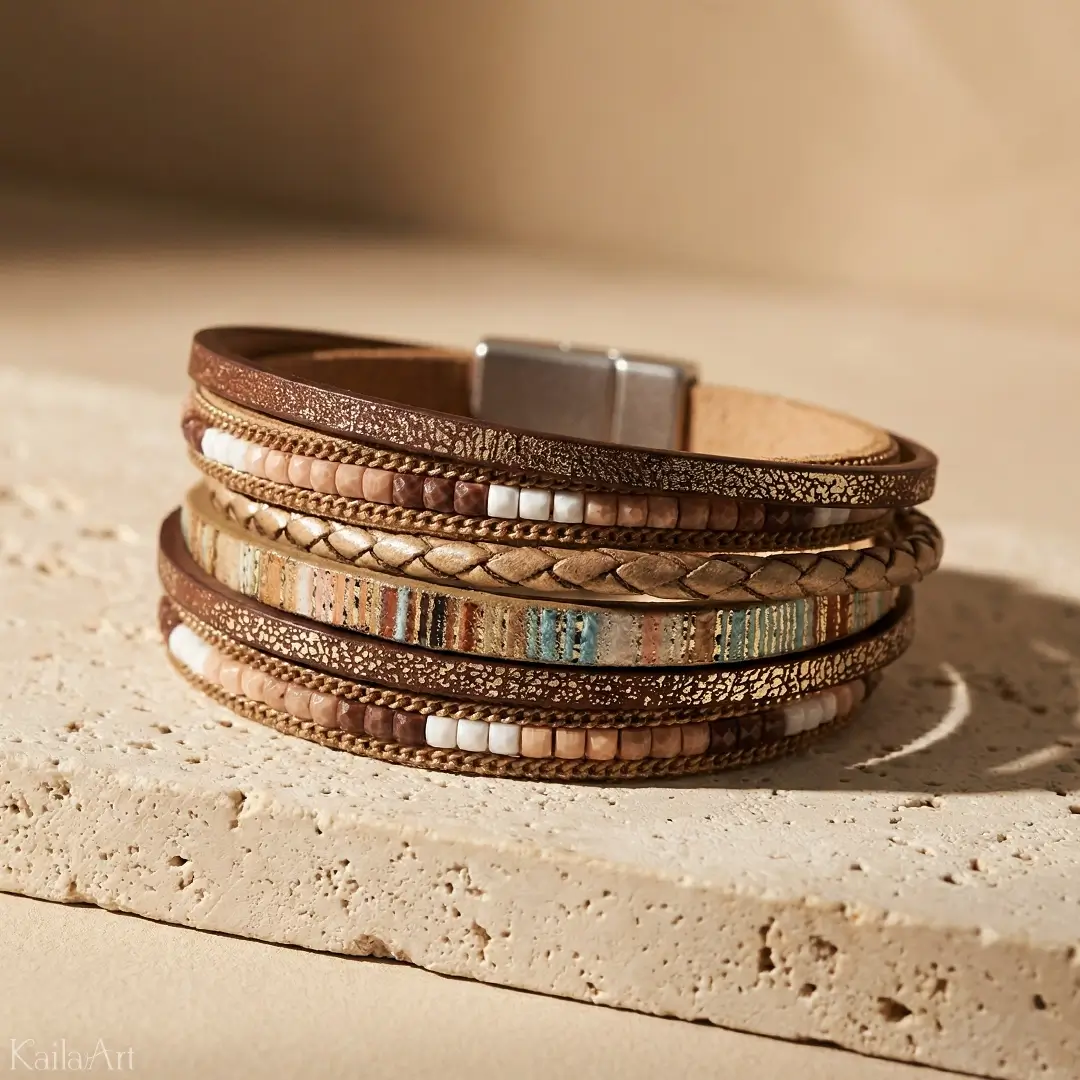 BRANSOLETKA-SKÓRZANA-DAMSKA-PLECIONA-RZEMYK-ZE-SKÓRY-BOHO-BRĄZOWA-ETNICZNA