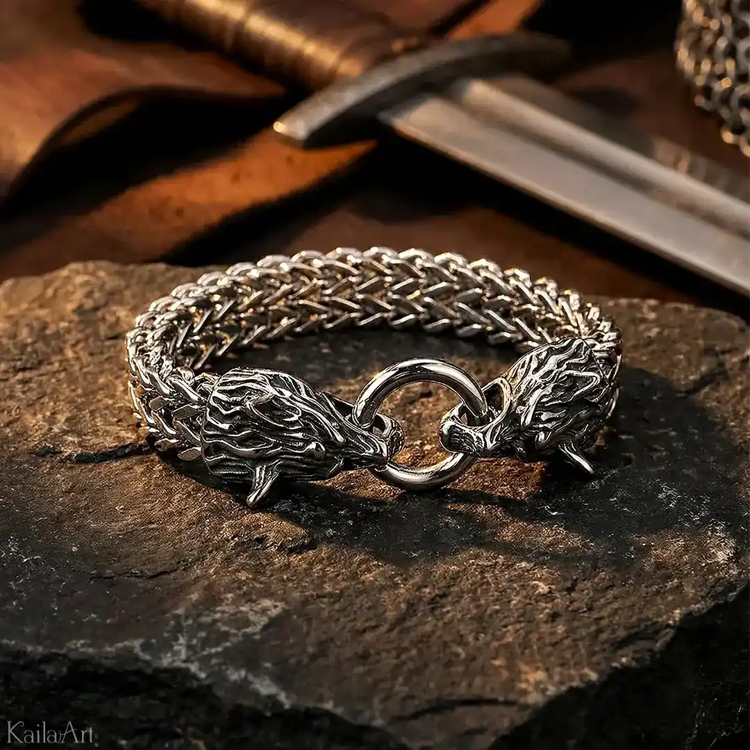 BRANSOLETKA-SREBRNA-MĘSKA-WIKING-WIEDŹMIN-SZKOŁA-WILKA-WOLF-STAL-316L