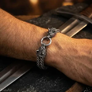 BRANSOLETKA-SREBRNA-MĘSKA-WIKING-WIEDŹMIN-SZKOŁA-WILKA-WOLF-STAL-316L