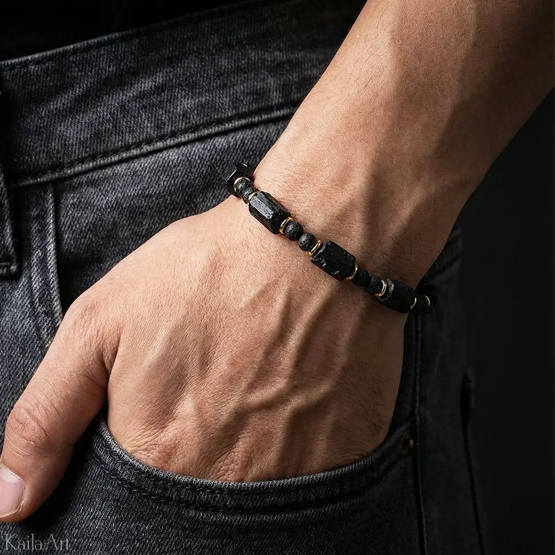 BRANSOLETKA-TALIZMAN-SZCZĘŚCIA-CZARNY-TURMALIN-KAMIEŃ-NATURALNY-OCHRONA