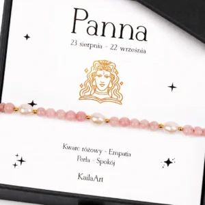 BRANSOLETKA-ZNAK-ZODIAKU-PANNA-PERŁY-KWARC-RÓŻOWY-Z-KAMIENI-NATURALNYCH