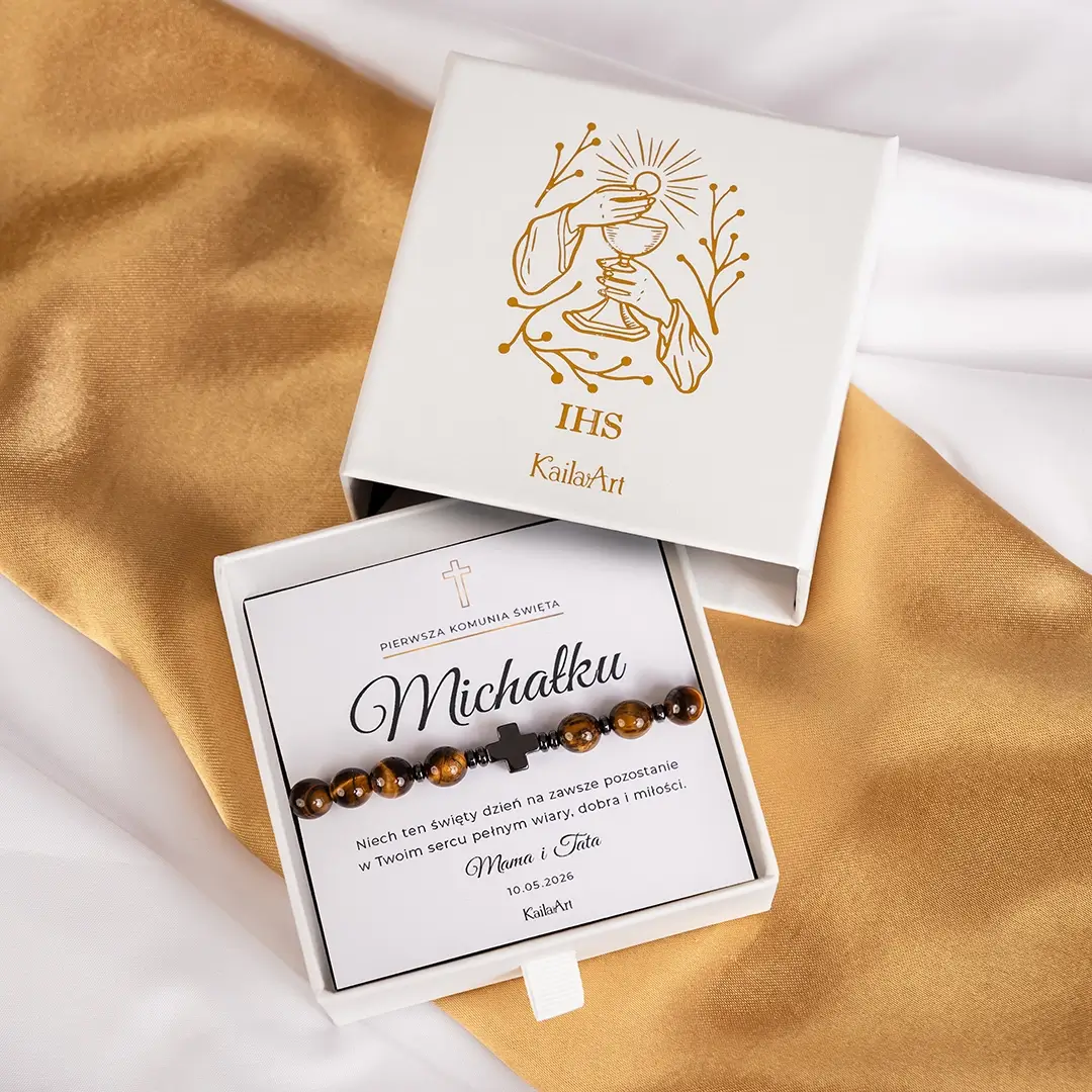 BRANSOLETKA-NA-KOMUNIĘ-DLA CHŁOPCA-Z-KRZYŻEM-RÓŻANIEĆ-ŚW-BENEDYKT-TYGRYSIE-OKO-1