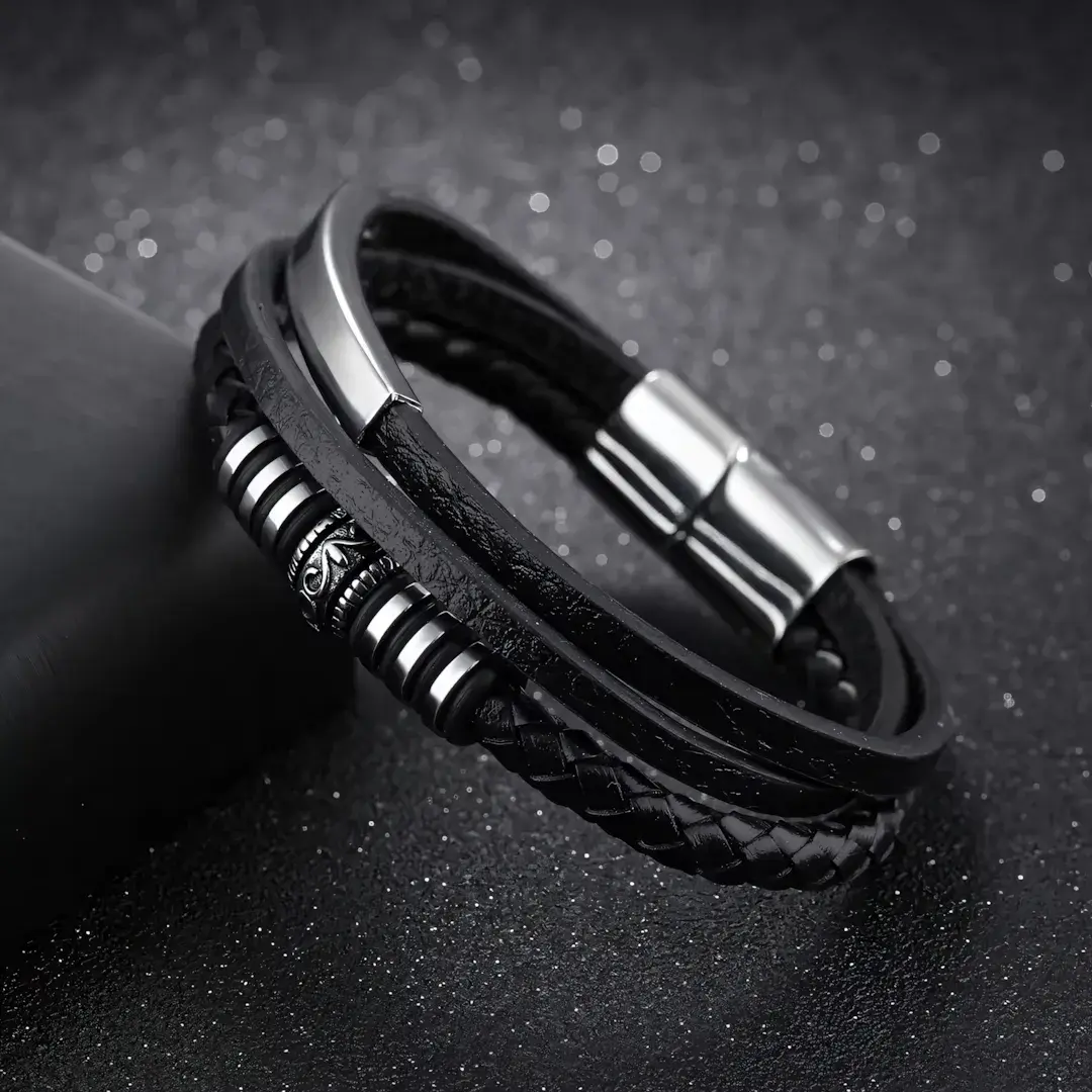 CZARNA-BRANSOLETKA-SKÓRZANA-MĘSKA-ZE-SKÓRY-STAL-NIERDZEWNA-316L