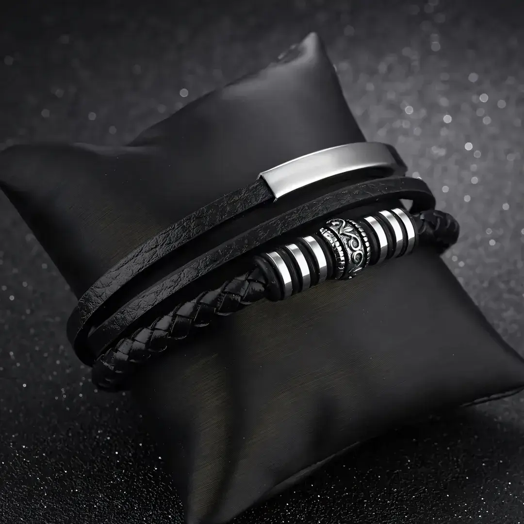 CZARNA-BRANSOLETKA-SKÓRZANA-MĘSKA-ZE-SKÓRY-STAL-NIERDZEWNA-316L