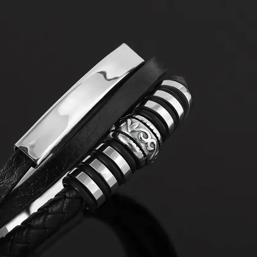 CZARNA-BRANSOLETKA-SKÓRZANA-MĘSKA-ZE-SKÓRY-STAL-NIERDZEWNA-316L