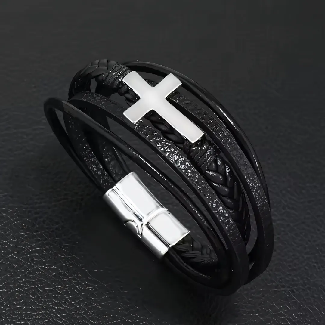 Czarna bransoletka skórzana z krzyżykiem męska stal