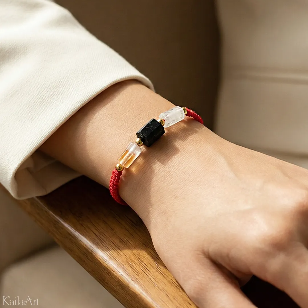 BRANSOLETKA-CZARNY-TURMALIN-I-CYTRYN-CZERWONA-SZNURKOWA-SZCZĘŚCIA-PREZENT