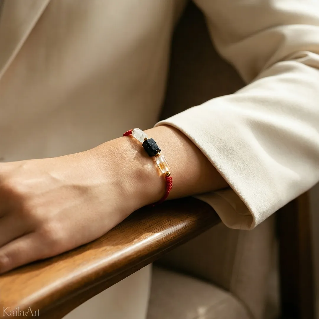 BRANSOLETKA-CZARNY-TURMALIN-I-CYTRYN-CZERWONA-SZNURKOWA-SZCZĘŚCIA-PREZENT