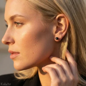 Kolczyki czarny turmalin naturalny ze stali srebrne