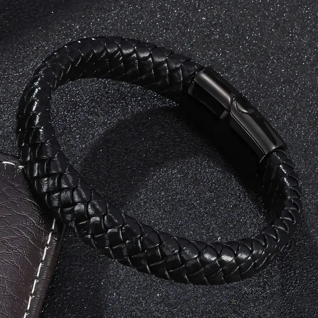 Modna bransoletka męska skórzana czarna elegancka stal