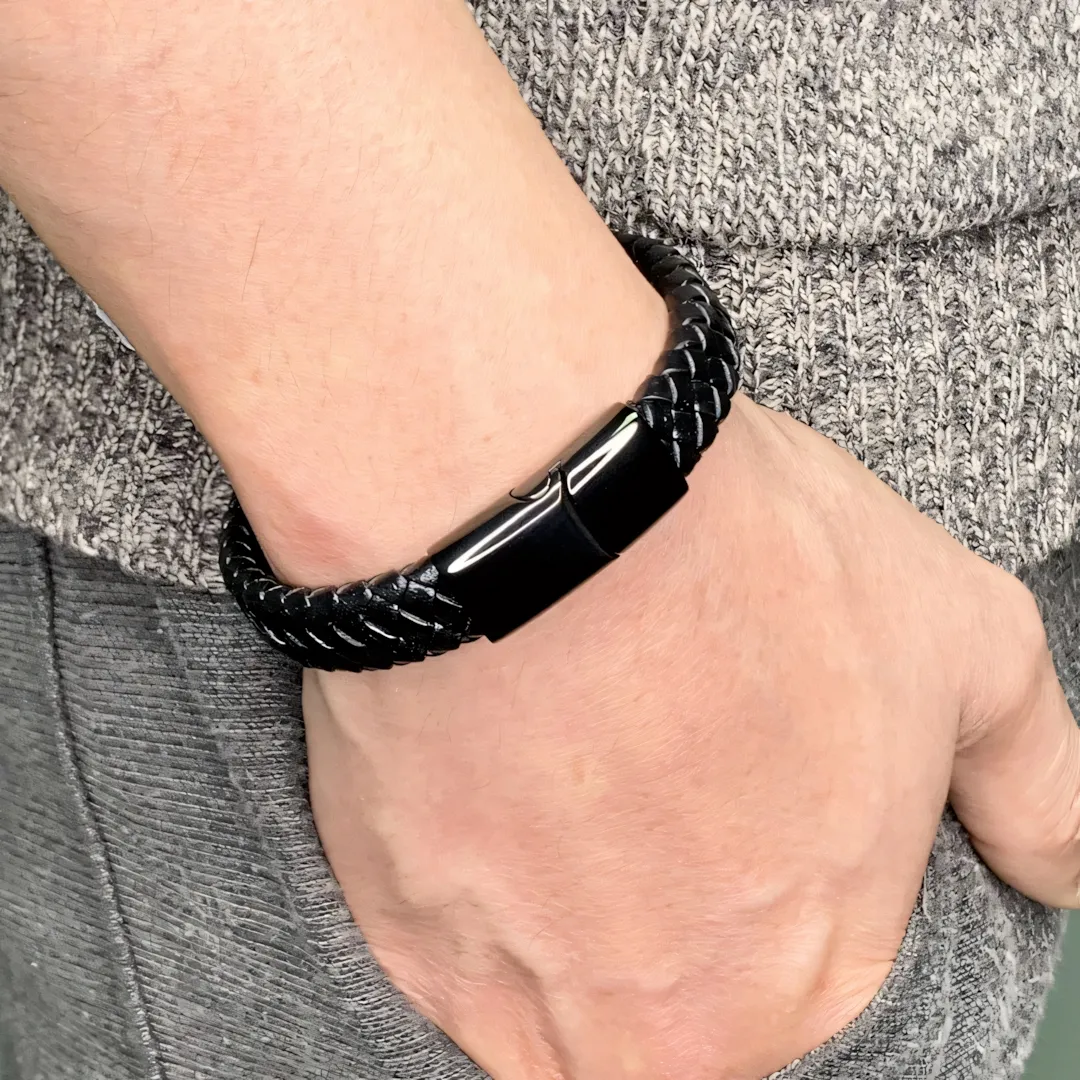 Modna bransoletka męska skórzana czarna elegancka stal