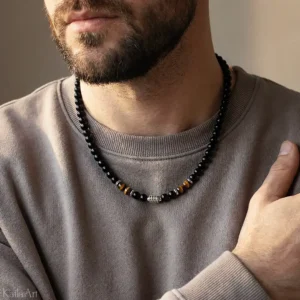Naszyjnik męski koraliki z kamieni naturalnych stal chirurgiczna 316l