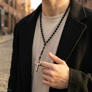 Męski naszyjnik różaniec onyks hematyt czarny z krzyżem stal