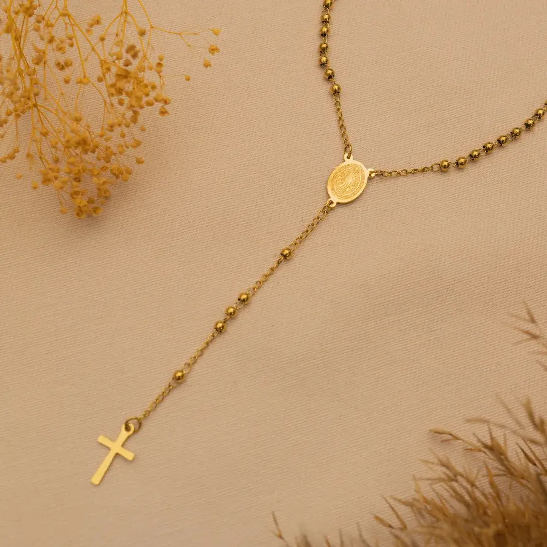 Różaniec medalik złoty łańcuszek komunijny damski krzyżyk benedykt stal