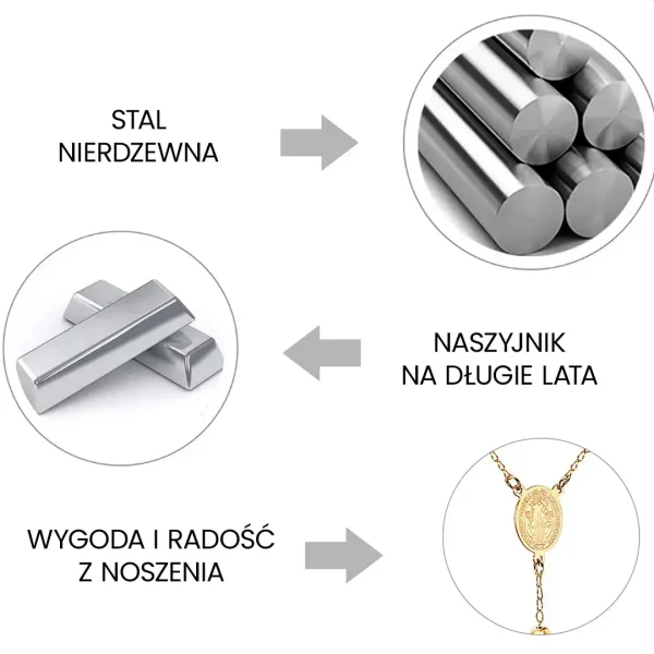 Różaniec medalik złoty łańcuszek komunijny damski krzyżyk benedykt stal